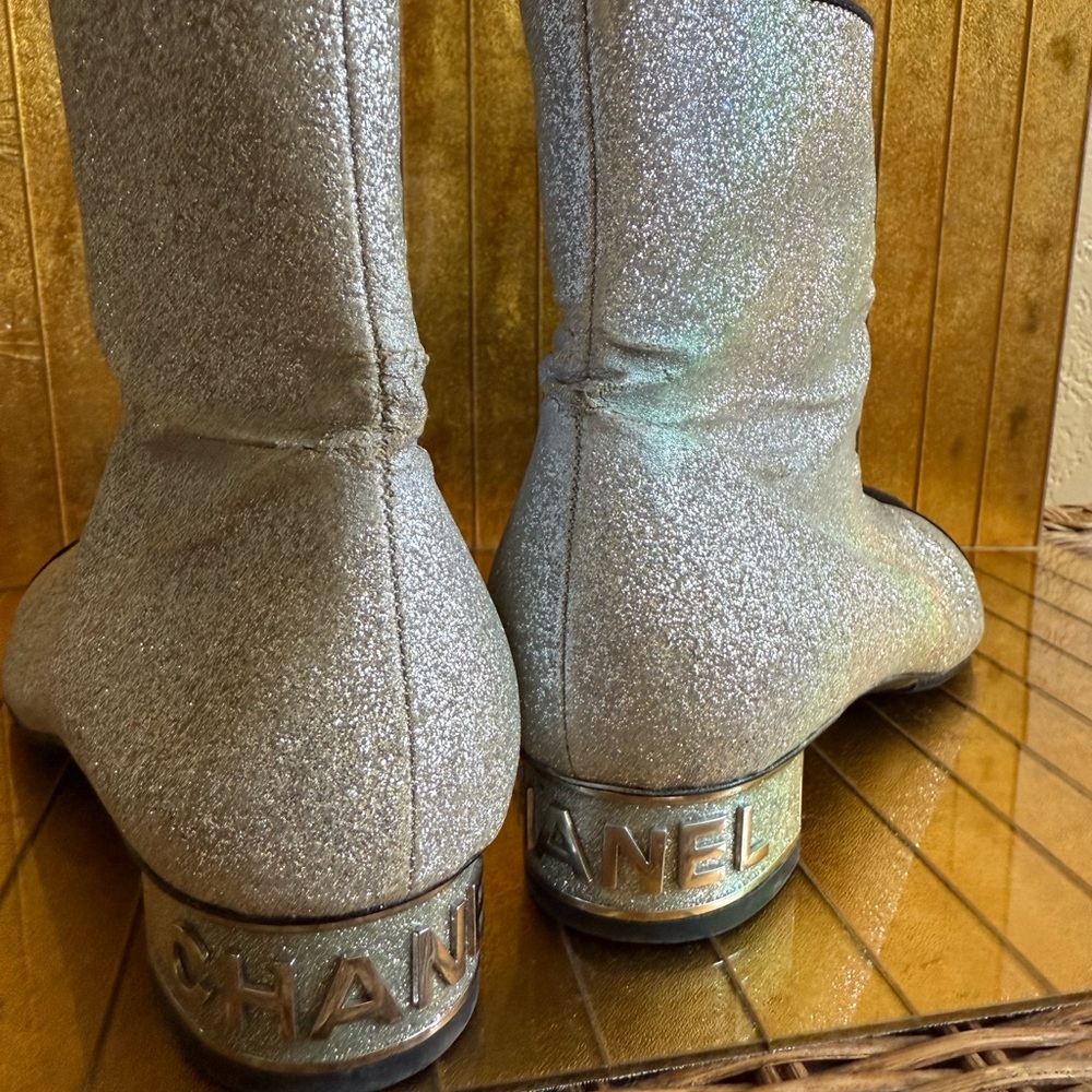 Chanel Silver Glitter Ankle Boots black, and silver spectators 37